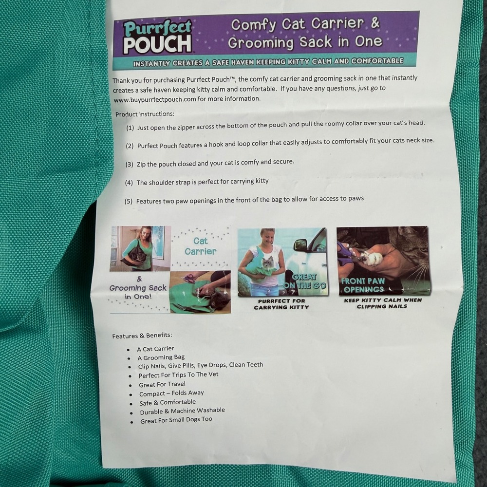 Purrfect Pouch Cat Carrier Grooming Sack Teal Adjustable Collar Paw Openings